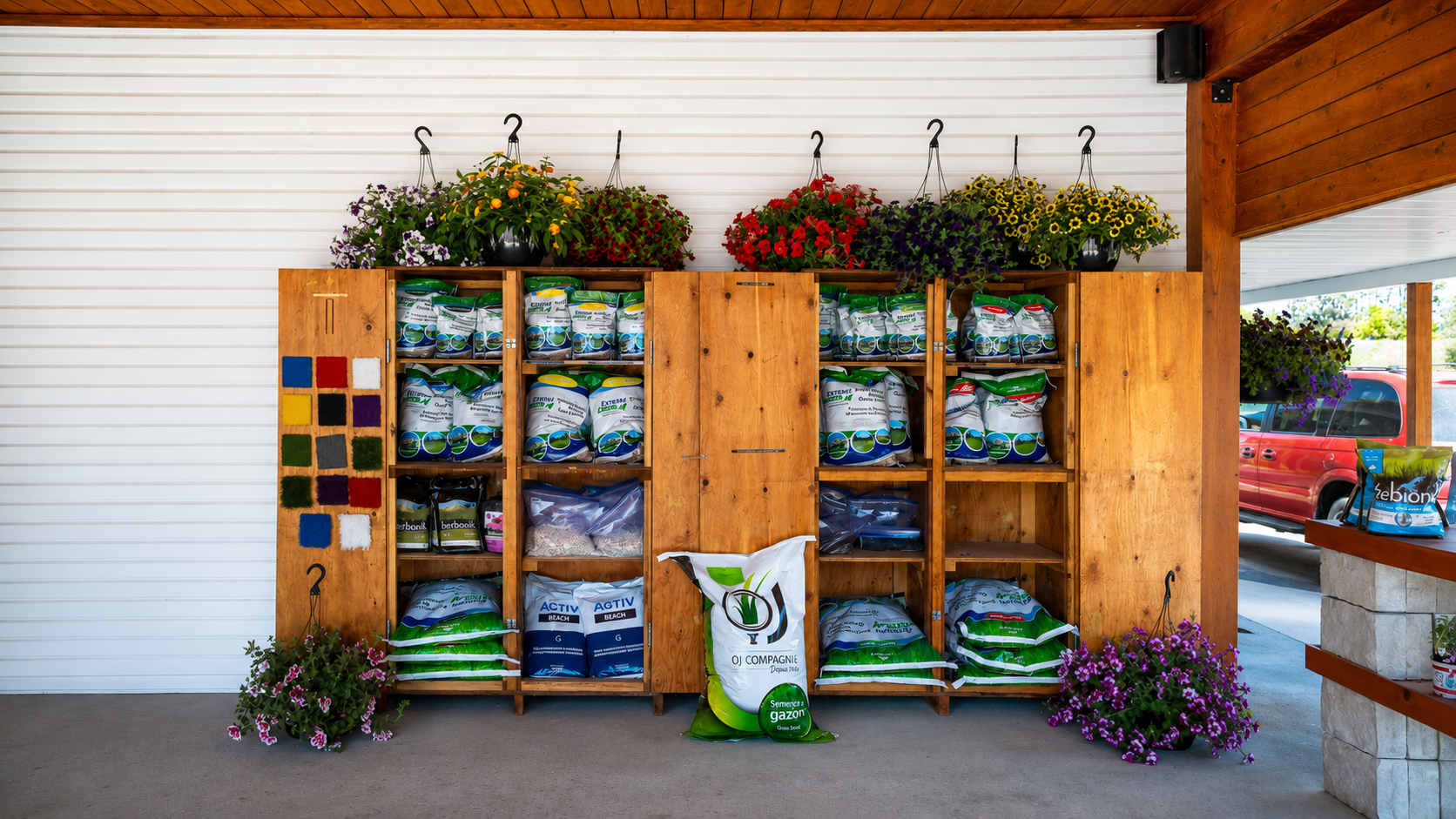 Présentoir de semences, engrais et fleurs au kiosque jardinage Tholano